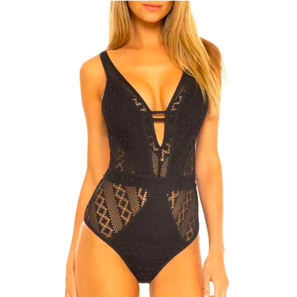 Becca crocheted black one piece swimsuit.